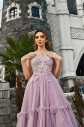 Stunning Lilac A-Line Spaghetti V-Neck Sleeveless Beaded Long Tulle Prom Dress With Appliques